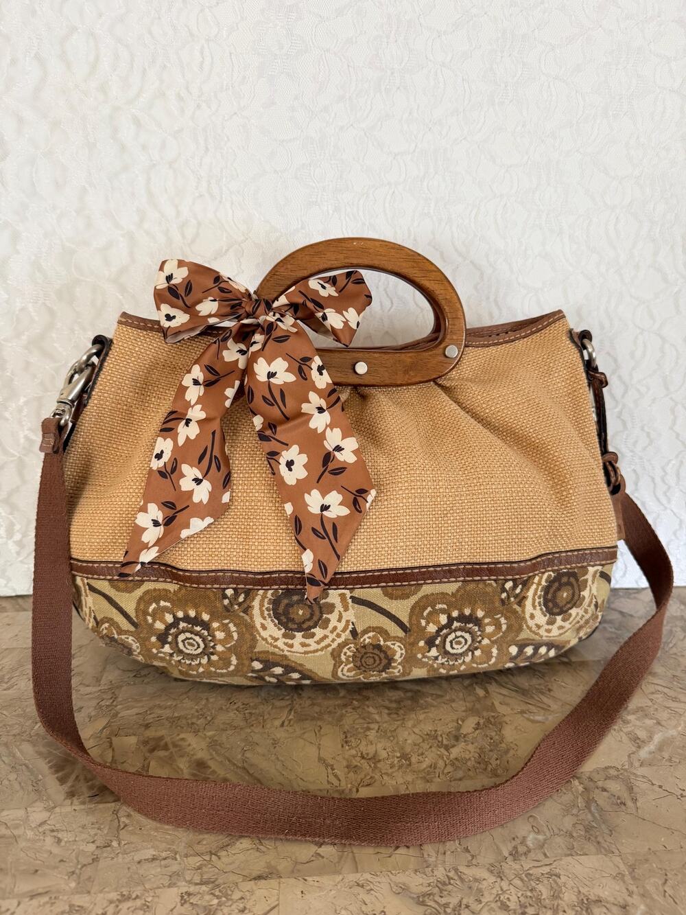 VTG Fossil natural straw and flowered fabric satchel/shoulder bag/crossbody
